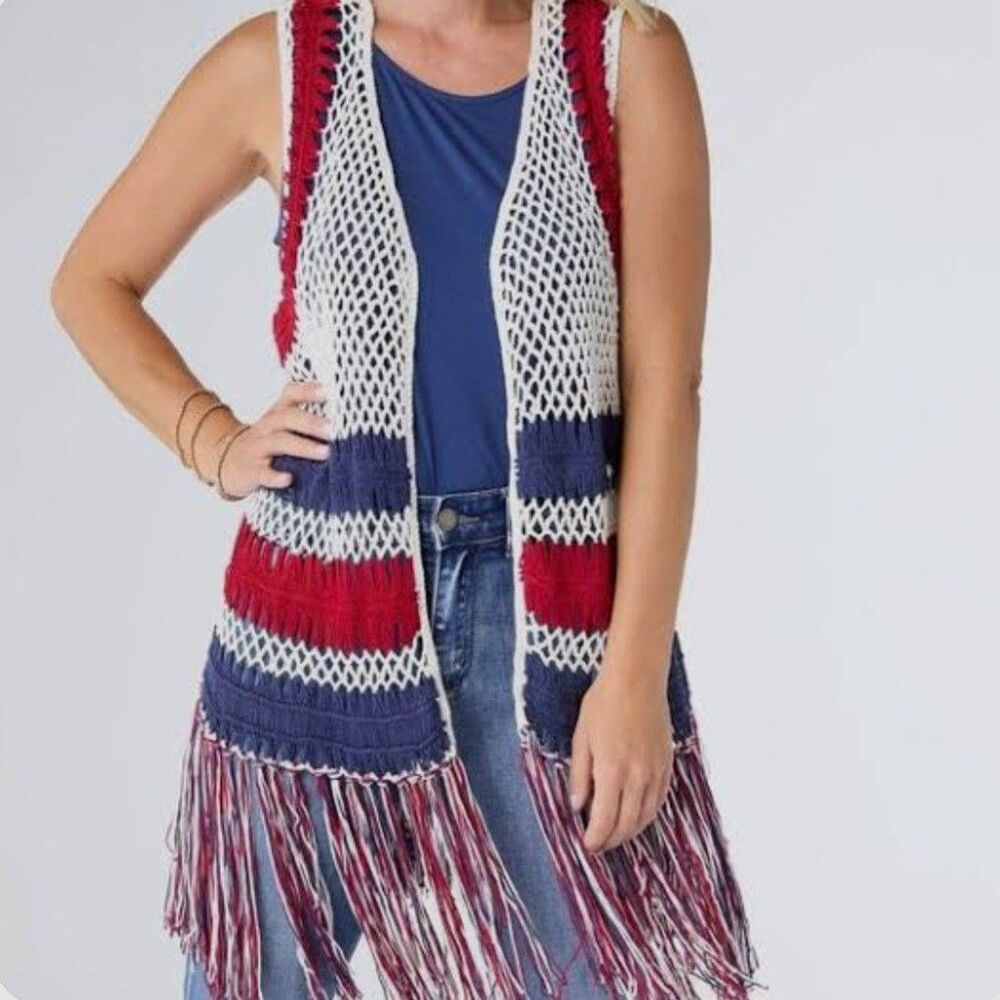 XXL Crochet Fringe Open Vest Red White Blue Patiotic 4th Of July Festival Boho
